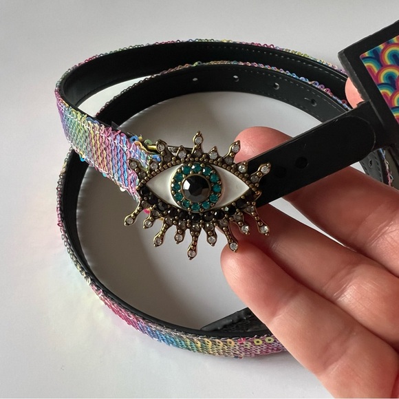 KURT GEIGER LONDON RAINBOW SEQUIN CRYSTAL EVIL EYE BELT SIZE S/M NWT main image 10